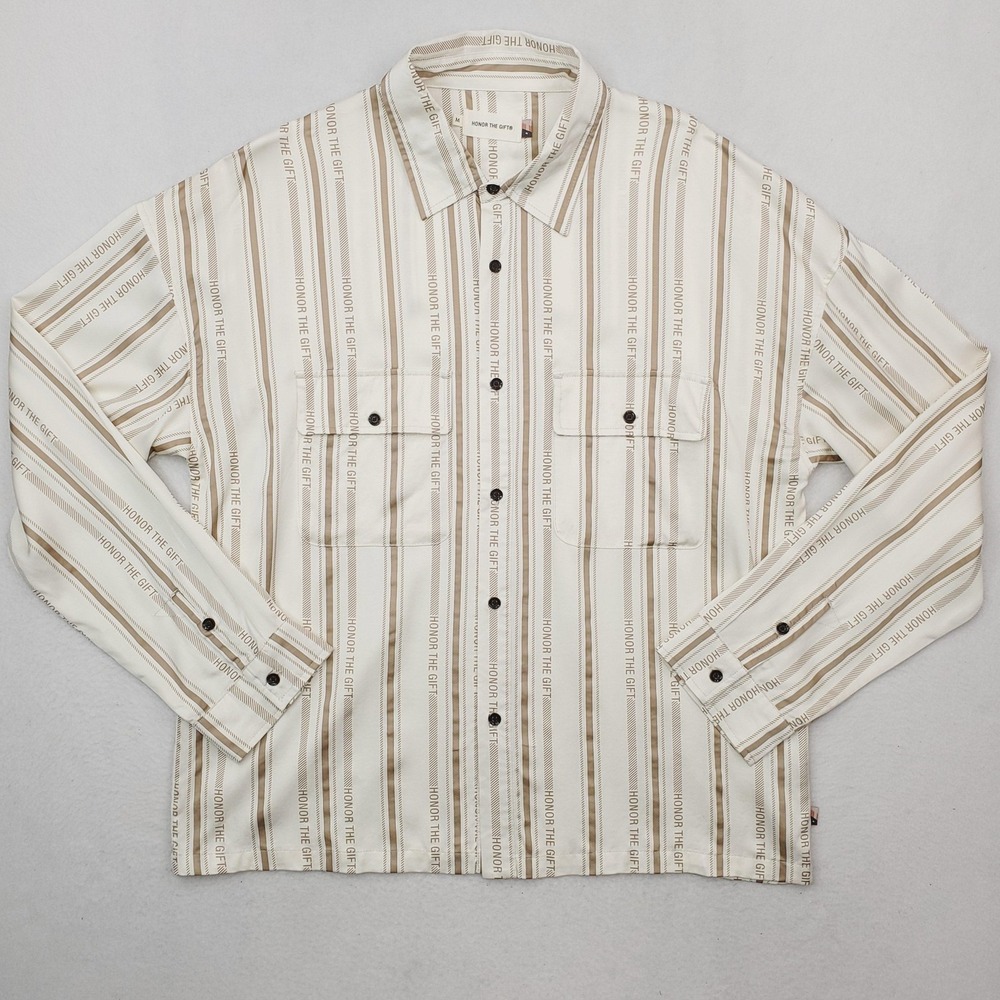 Honor The Gift Shirt Mens Medium White Stripe Logo Rayon Button Up Long Sleeve